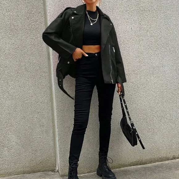 Black Casual Women's Zip Up Flap Detail Belted Moto Jacket - Picture 3 of 5